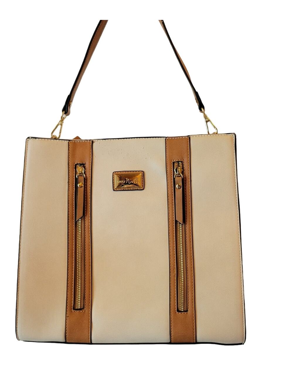 Simply Noelle Structured Bag Cream with Brown Leather Trim Accents 12x 12.25x4.5